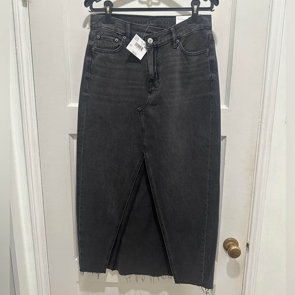 Front Slit Black Denim Midi Skirt American Eagle